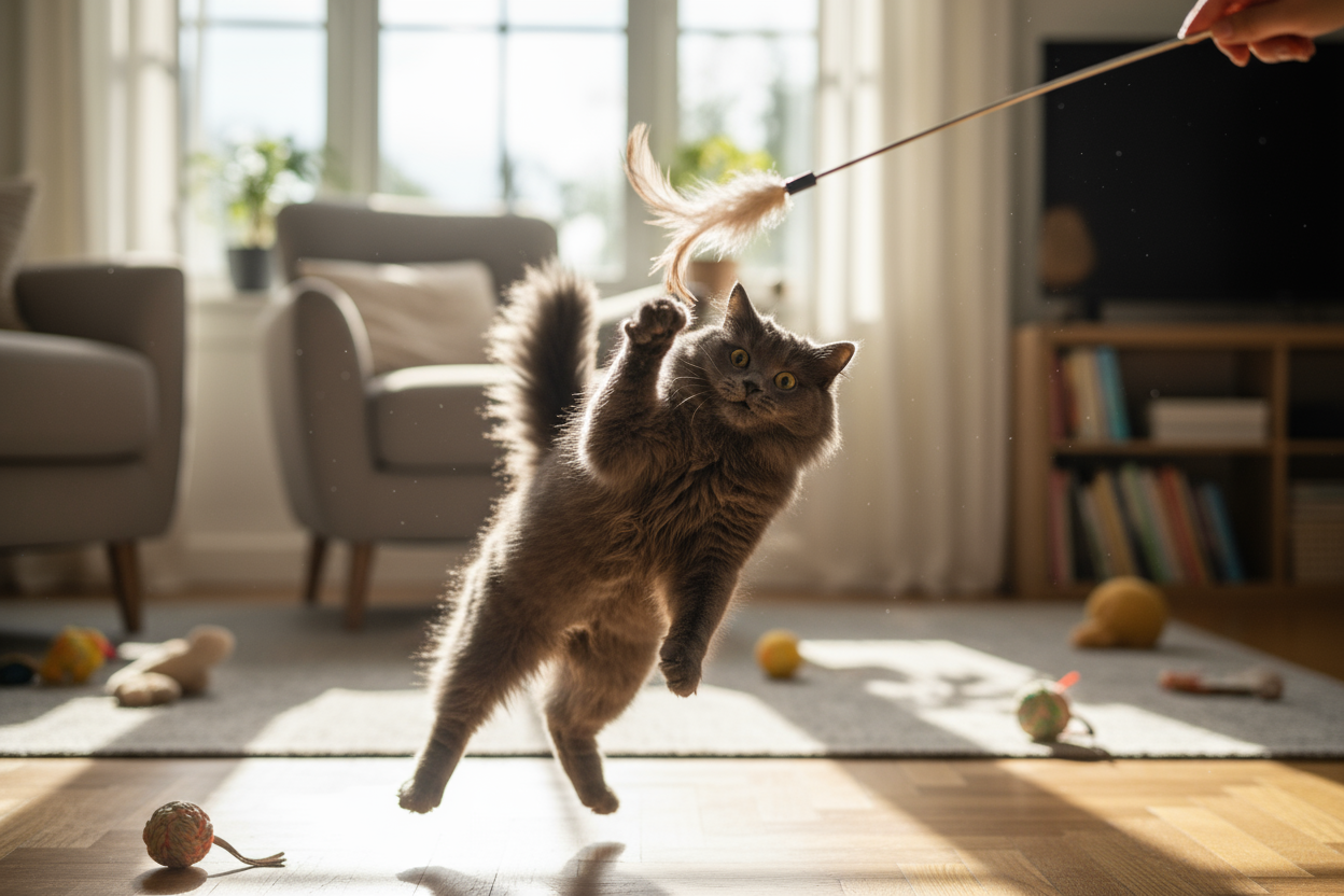 gato de color completamente gris jugando